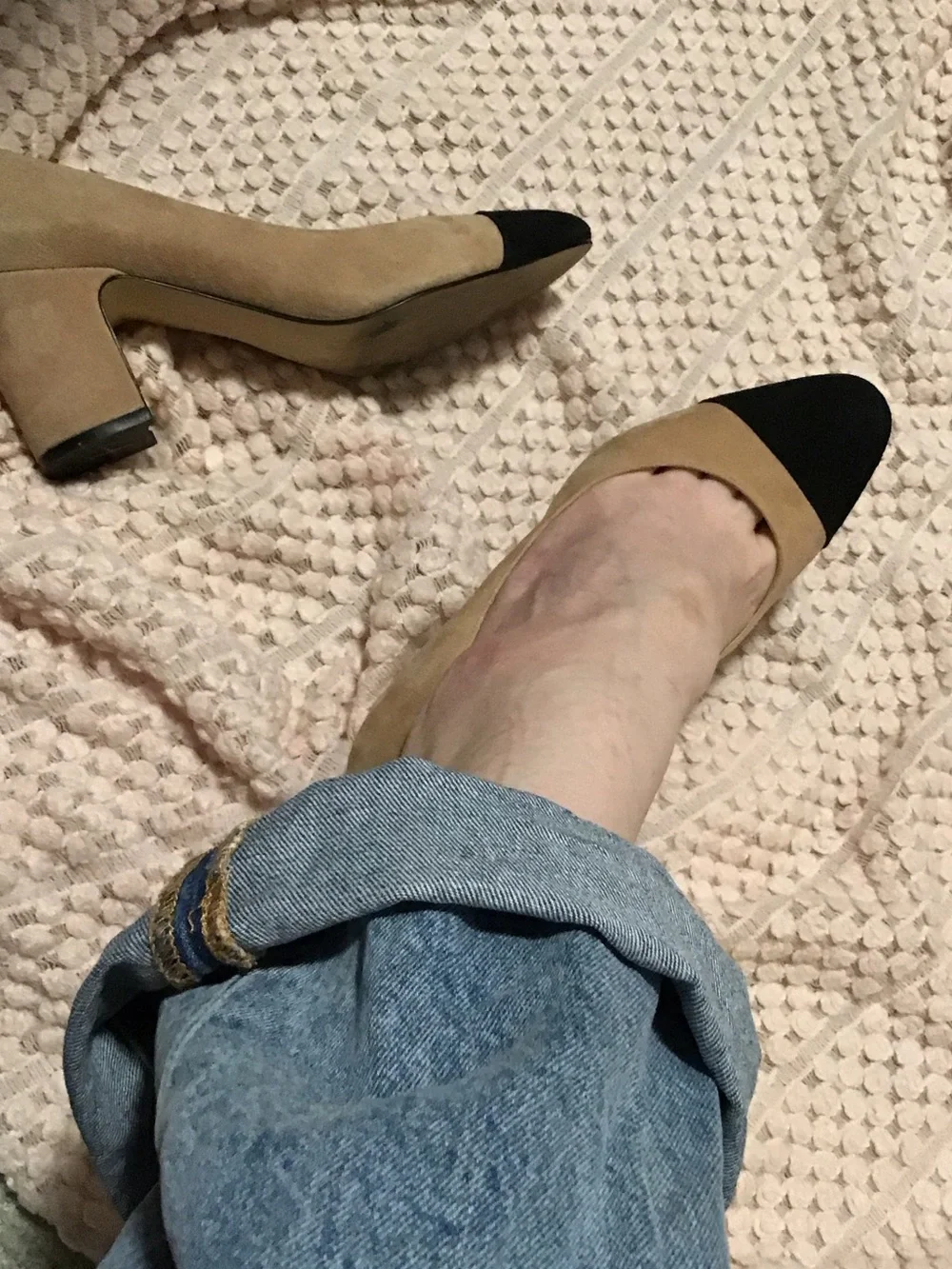 Ivanka Trump Two-Tone Suede Block Heel Pumps - Beige and Black